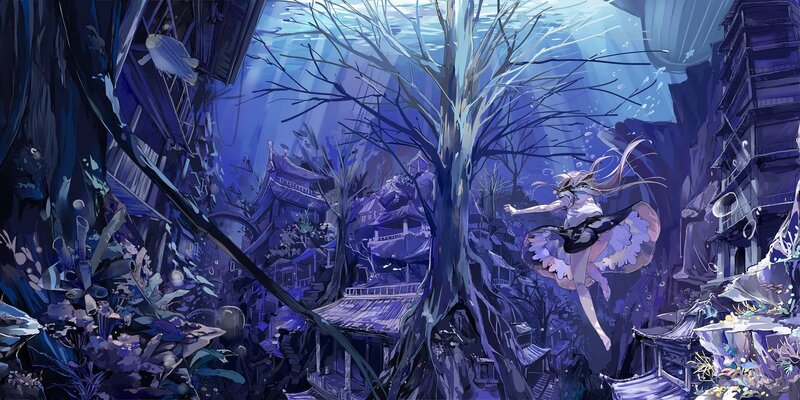Underwater village with girl