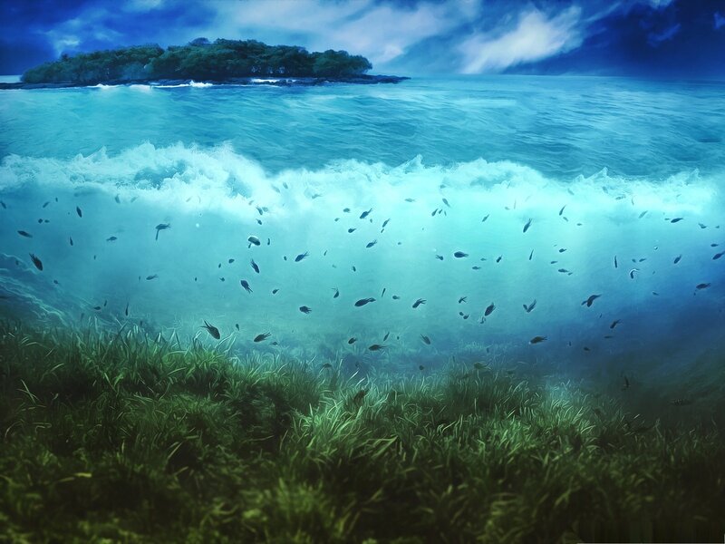 Underwater Wave Scene — Blue, Dramatic, Digital Art
