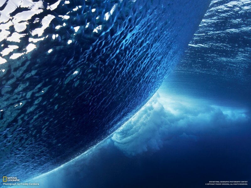 Underwater Wave Tunnel — Blue, Dramatic, Afternoon, Photograph, Ocean, Sunlight, White