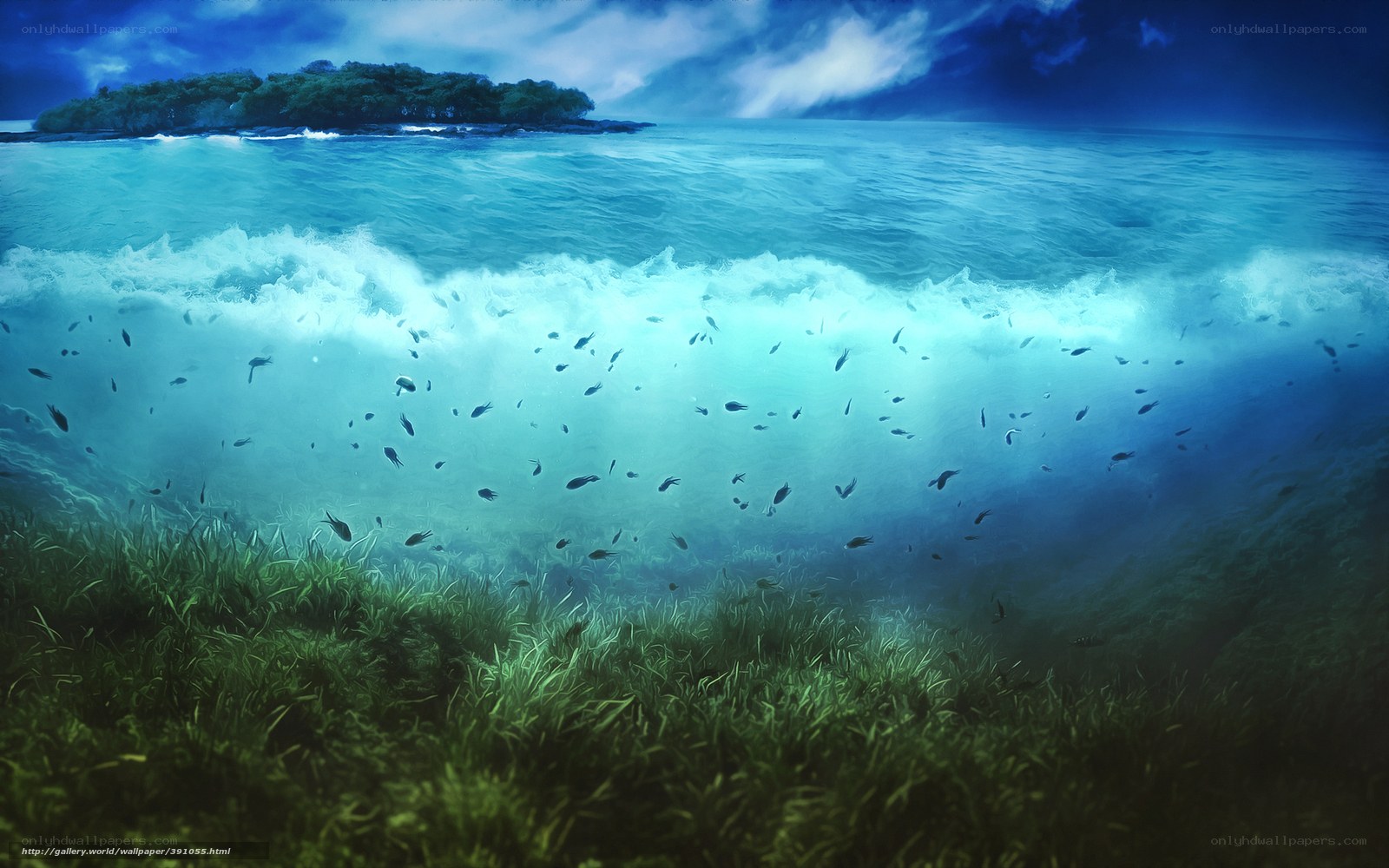 Underwater wave with island view