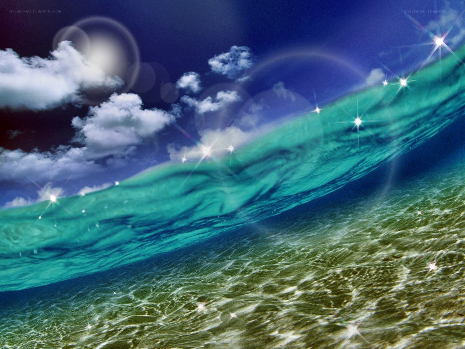 Underwater wave with sun and clouds
