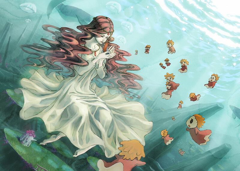 Underwater woman with children