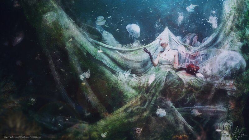 Underwater woman with jellyfish