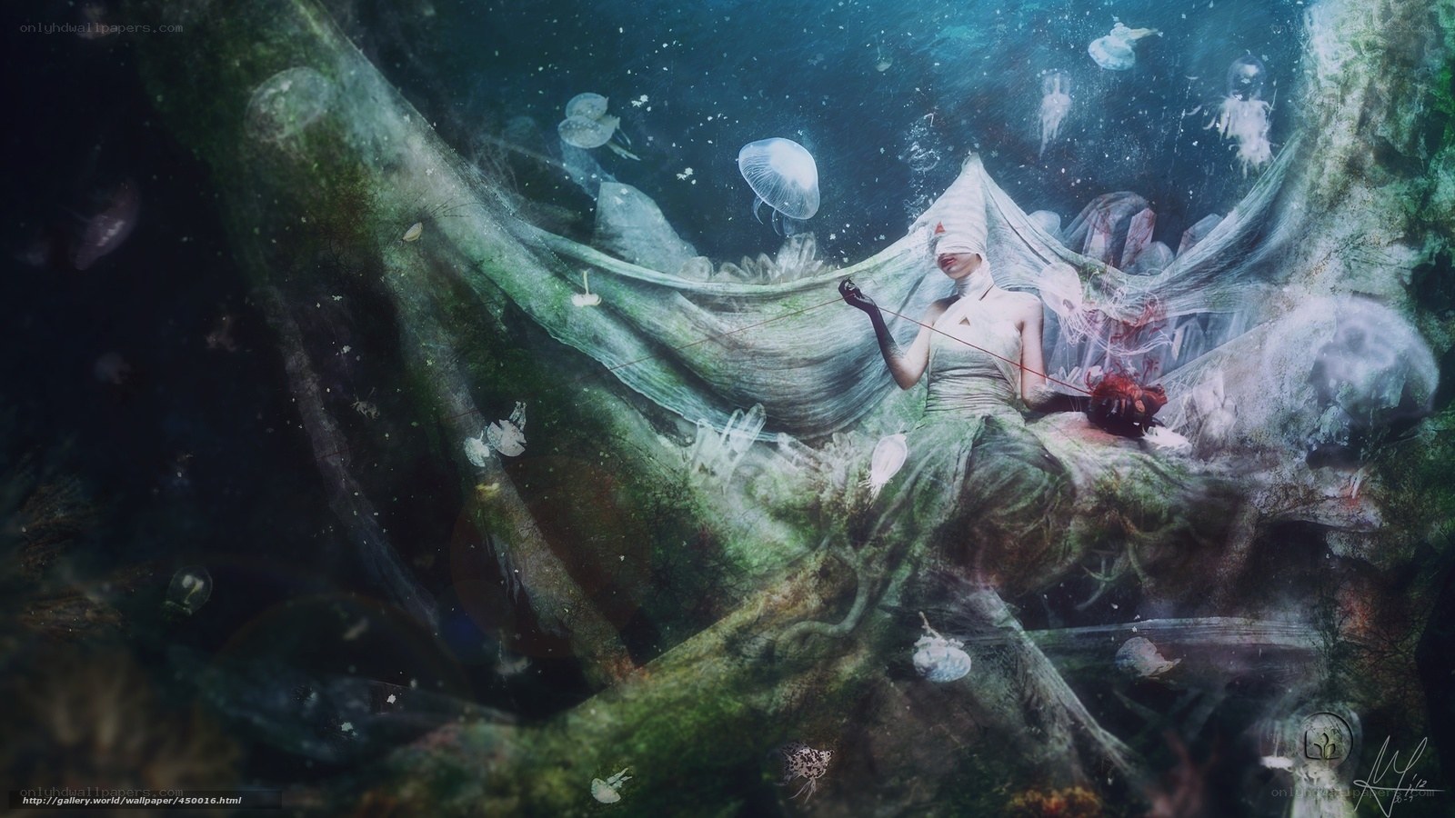 Underwater woman with jellyfish