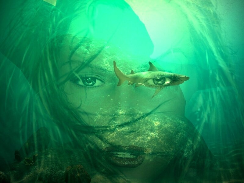 underwater woman with shark