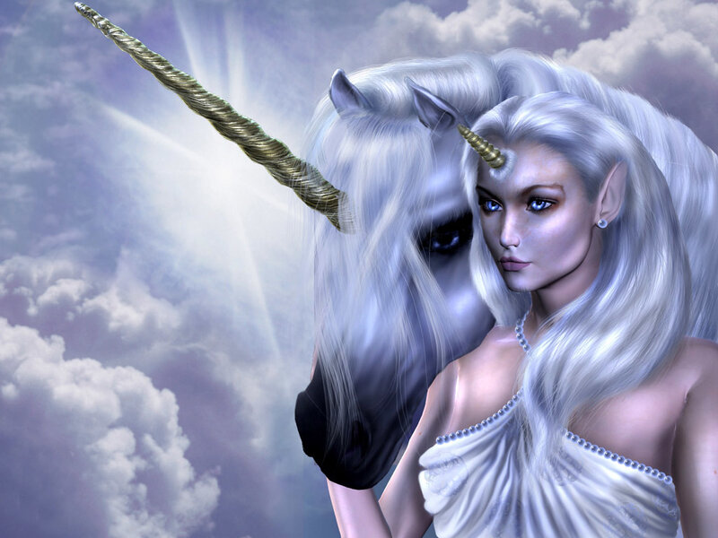 Unicorn and elf in sky