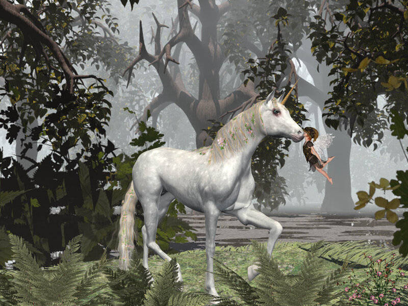 Unicorn and fairy in a misty forest