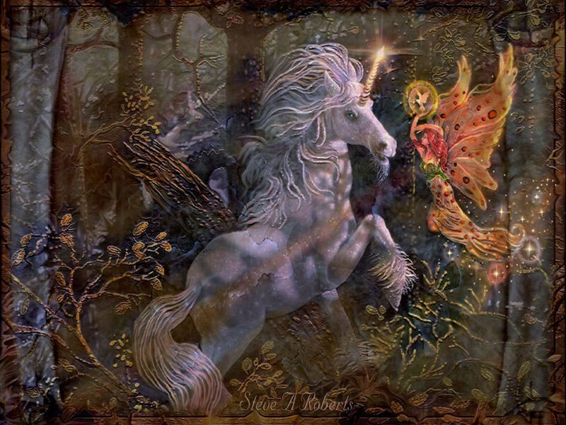 Unicorn and fairy in forest