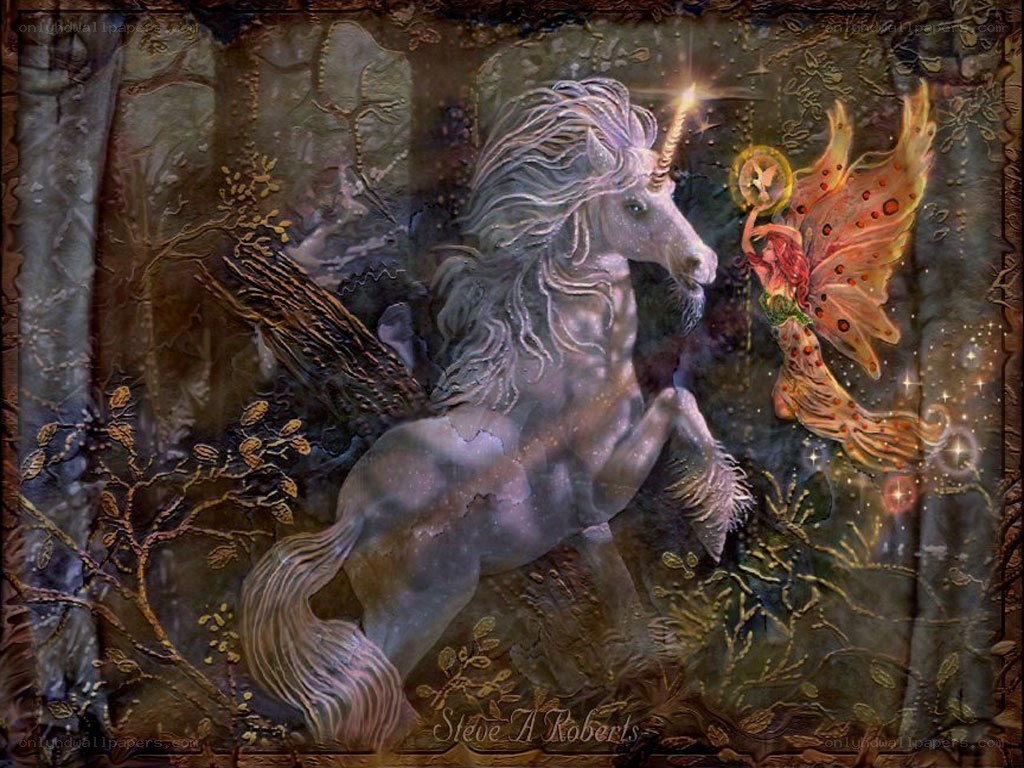 Unicorn and fairy in forest