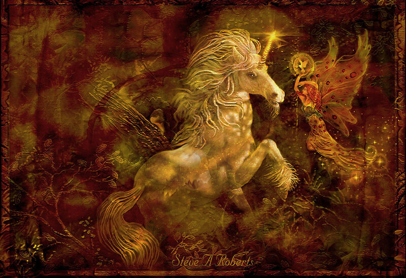 Unicorn and fairy in golden light