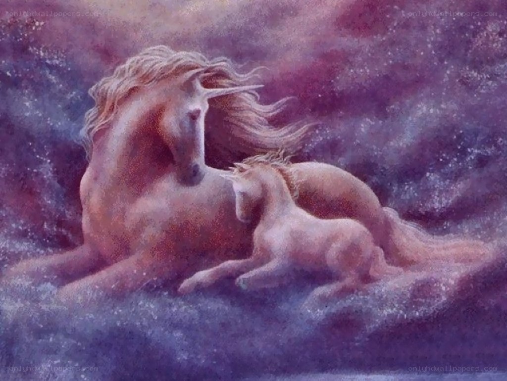 Unicorn and foal in mist