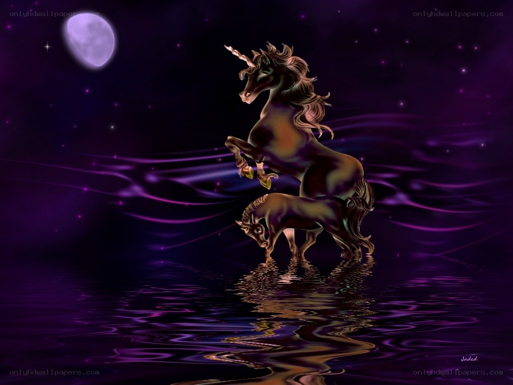 Unicorn and foal under moonlight