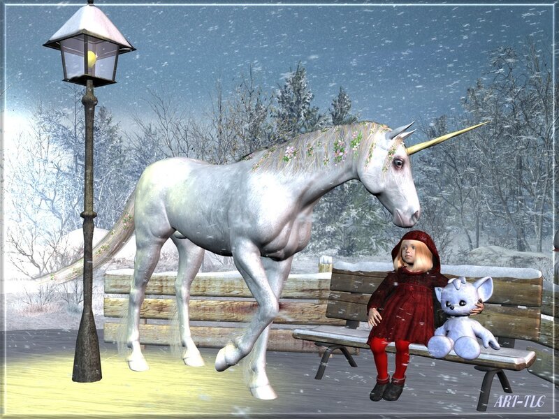 Unicorn and girl in winter