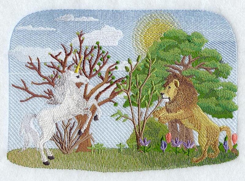 Unicorn and Lion in Garden
