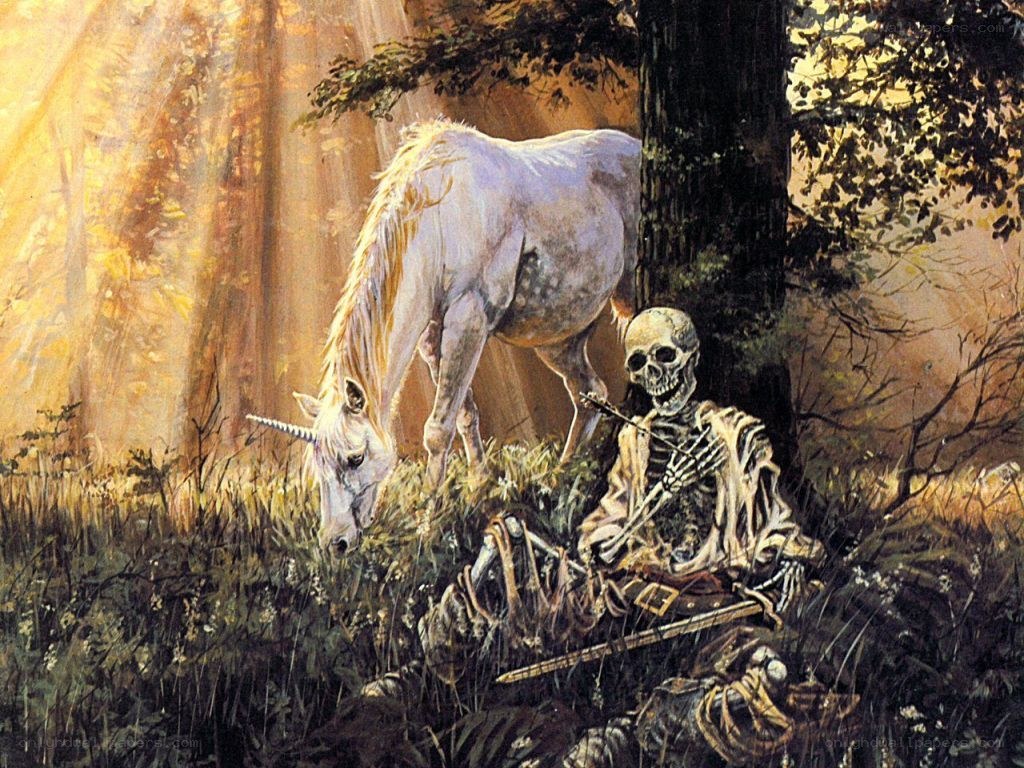 Unicorn and Skeleton in Forest