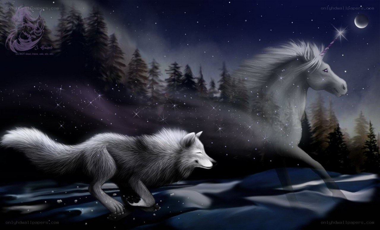 Unicorn and wolf in snowy forest