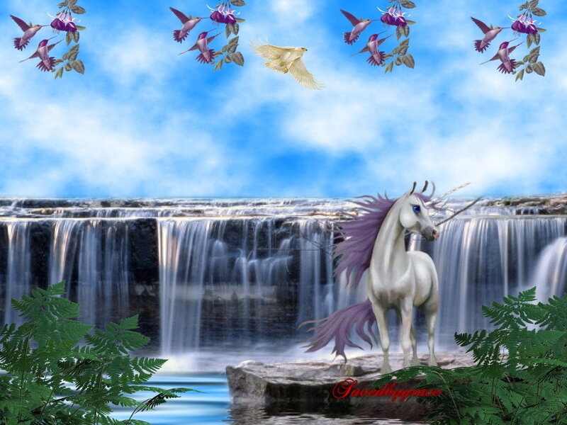 Unicorn by a waterfall