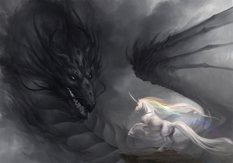 Unicorn confronts a dark dragon