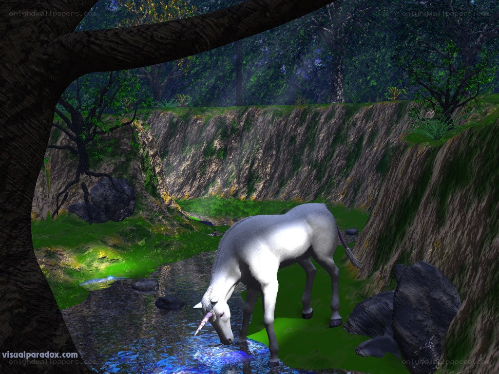 Unicorn drinking from a stream