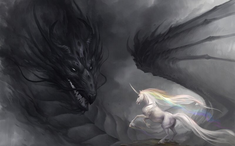 Unicorn facing a dark dragon