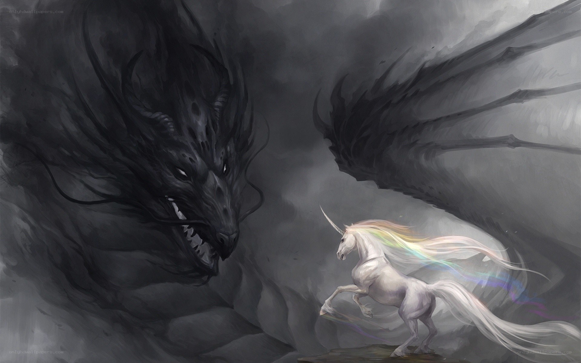 Unicorn facing a dark dragon