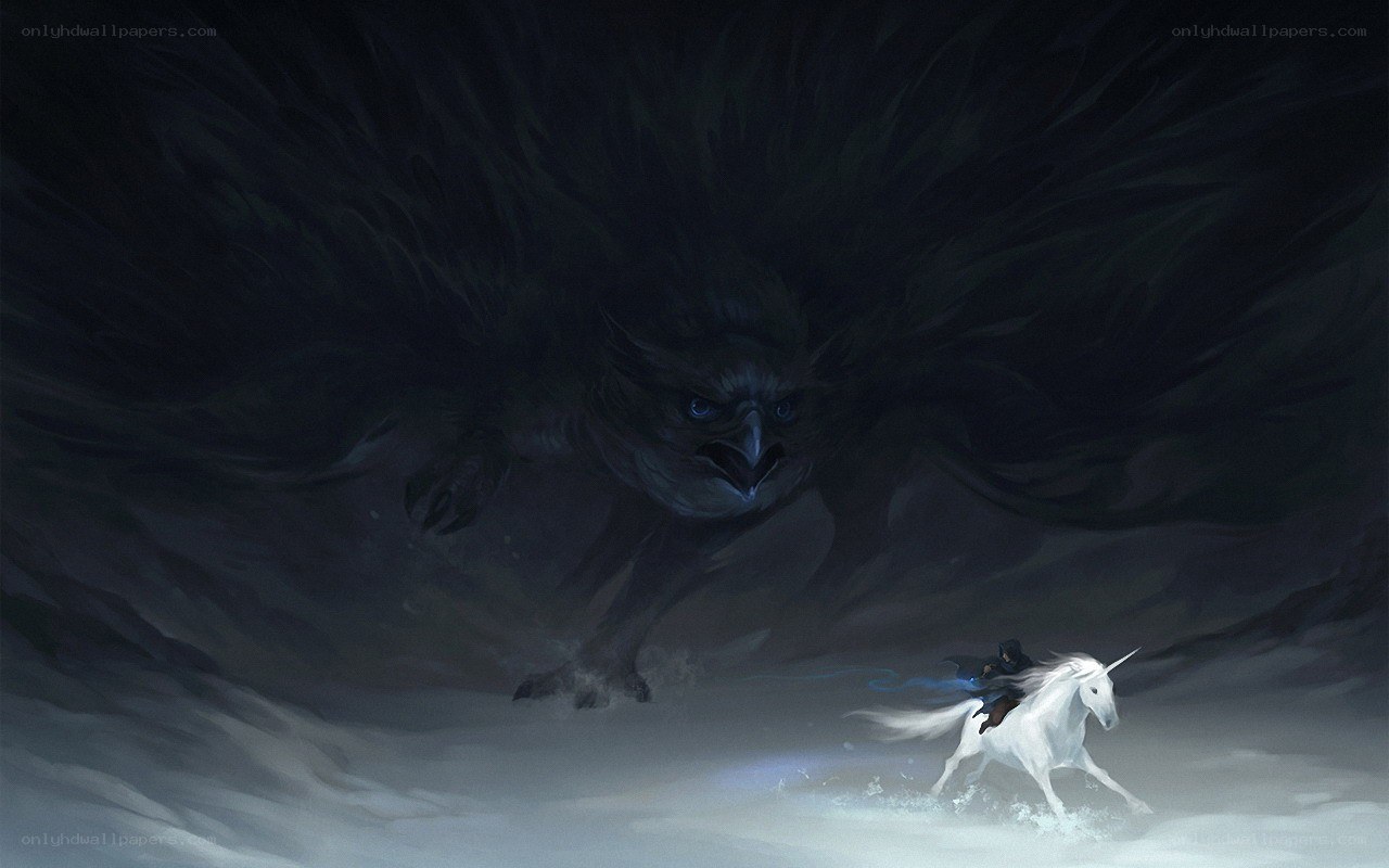 Unicorn fleeing a giant bird
