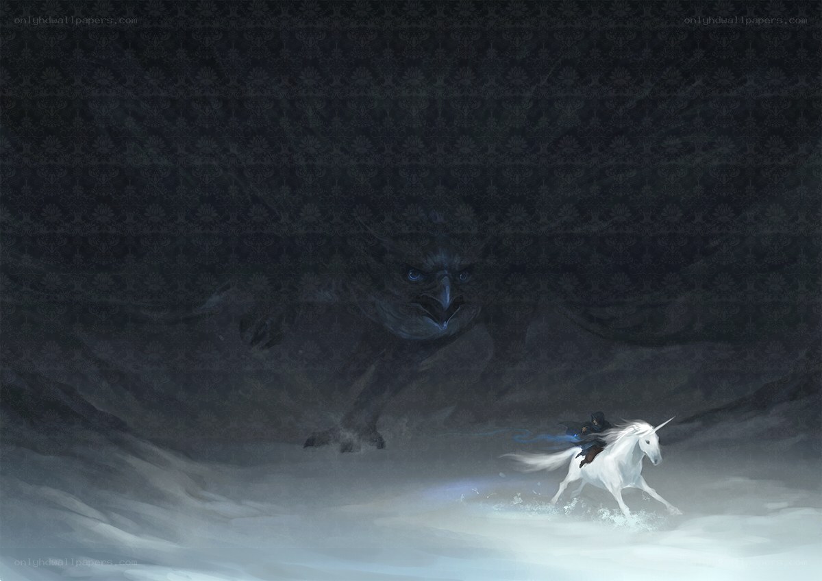 Unicorn fleeing a giant owl