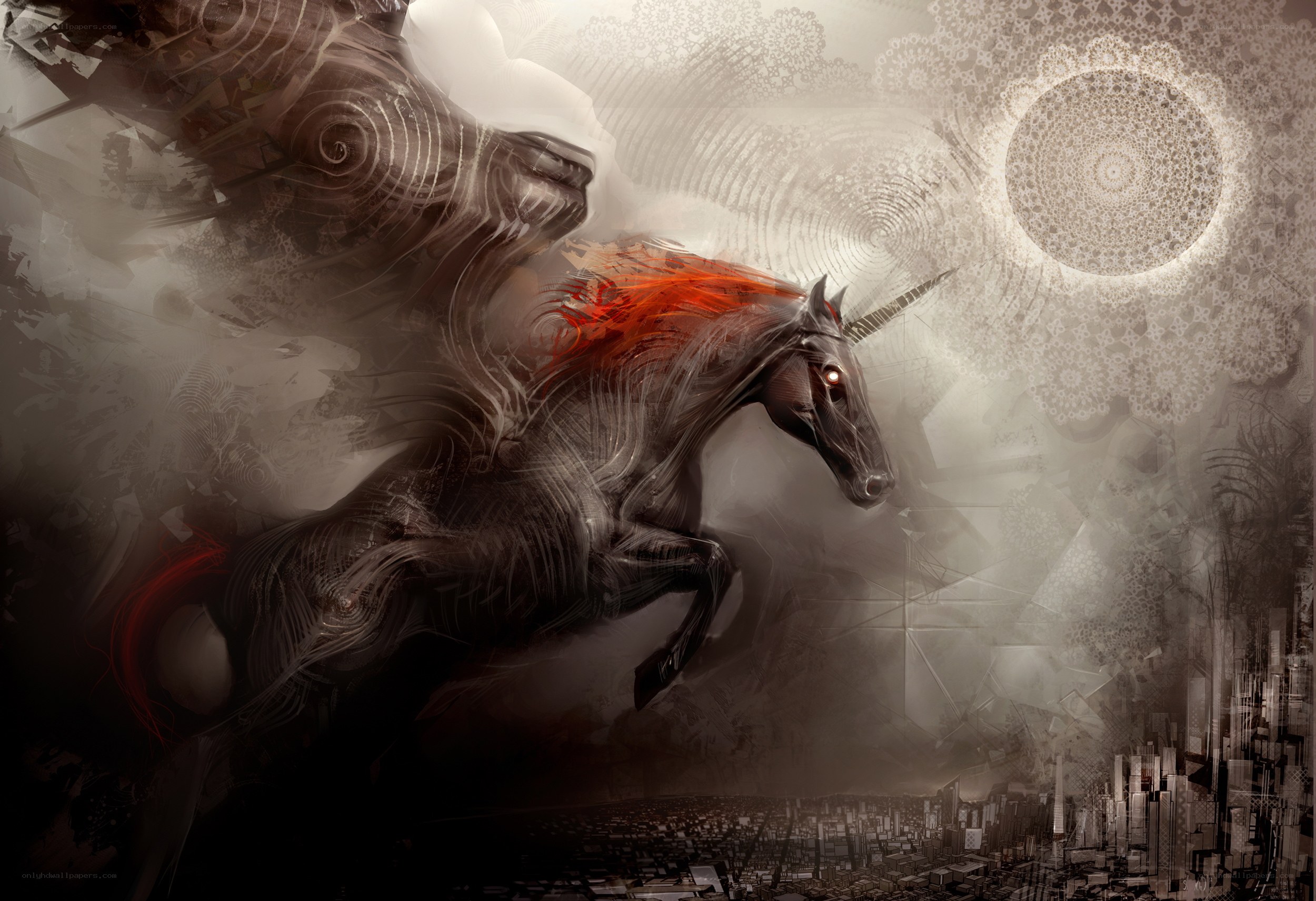 Unicorn galloping over city