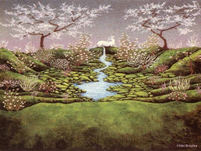 Unicorn in a blossoming garden