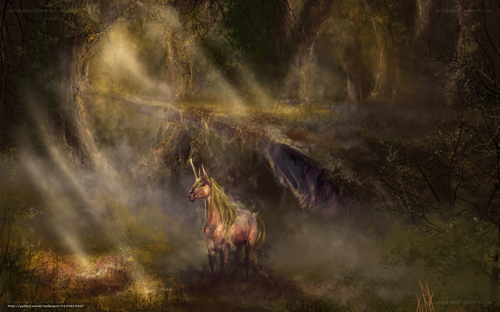 Unicorn in a misty forest
