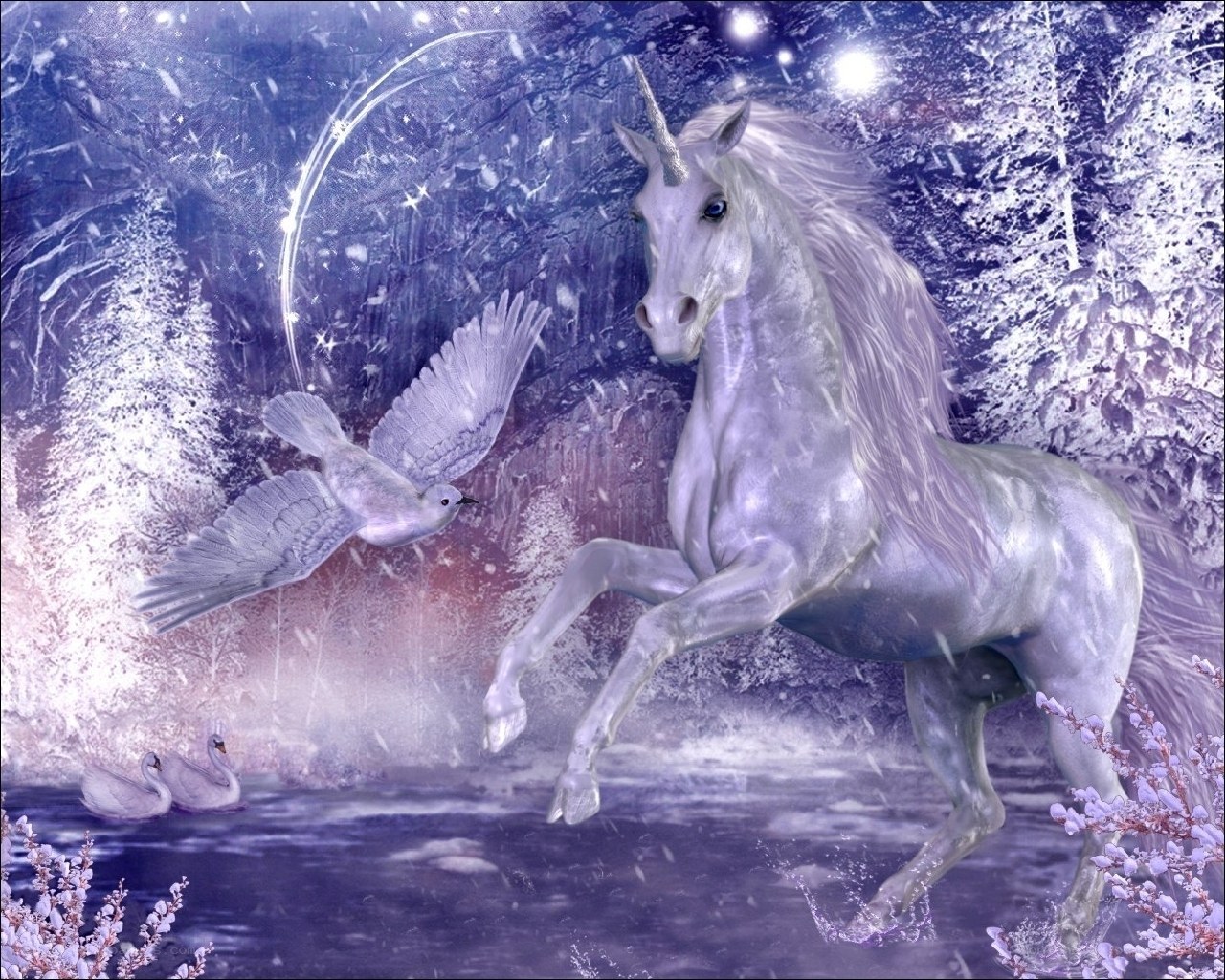 Unicorn in snowy forest