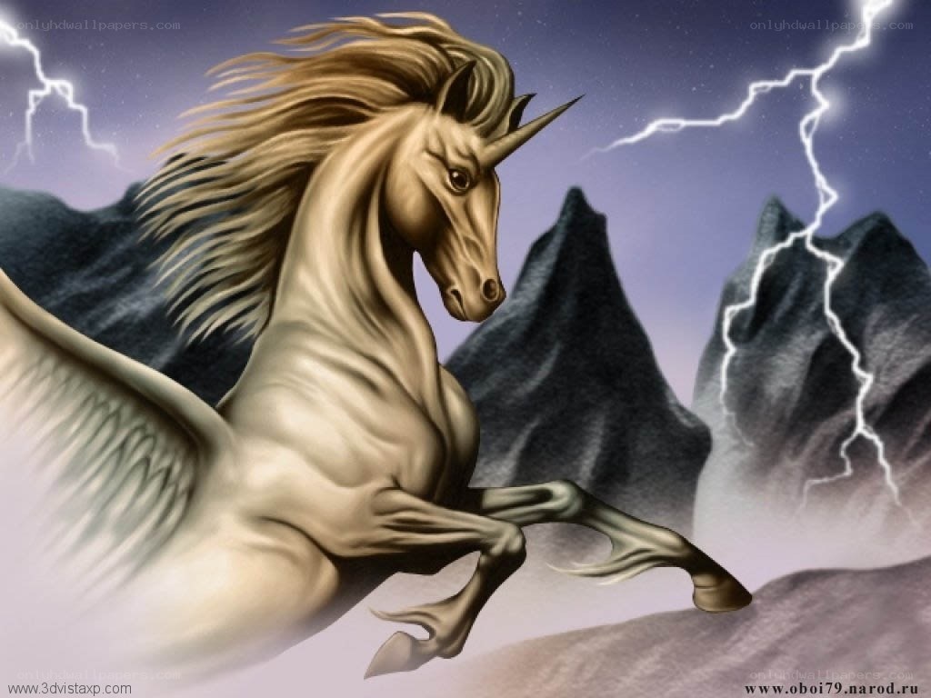 Unicorn in stormy mountains