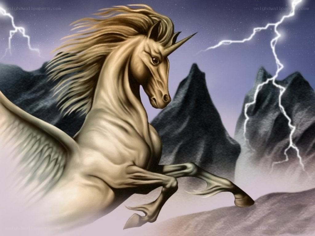 Unicorn in stormy mountains
