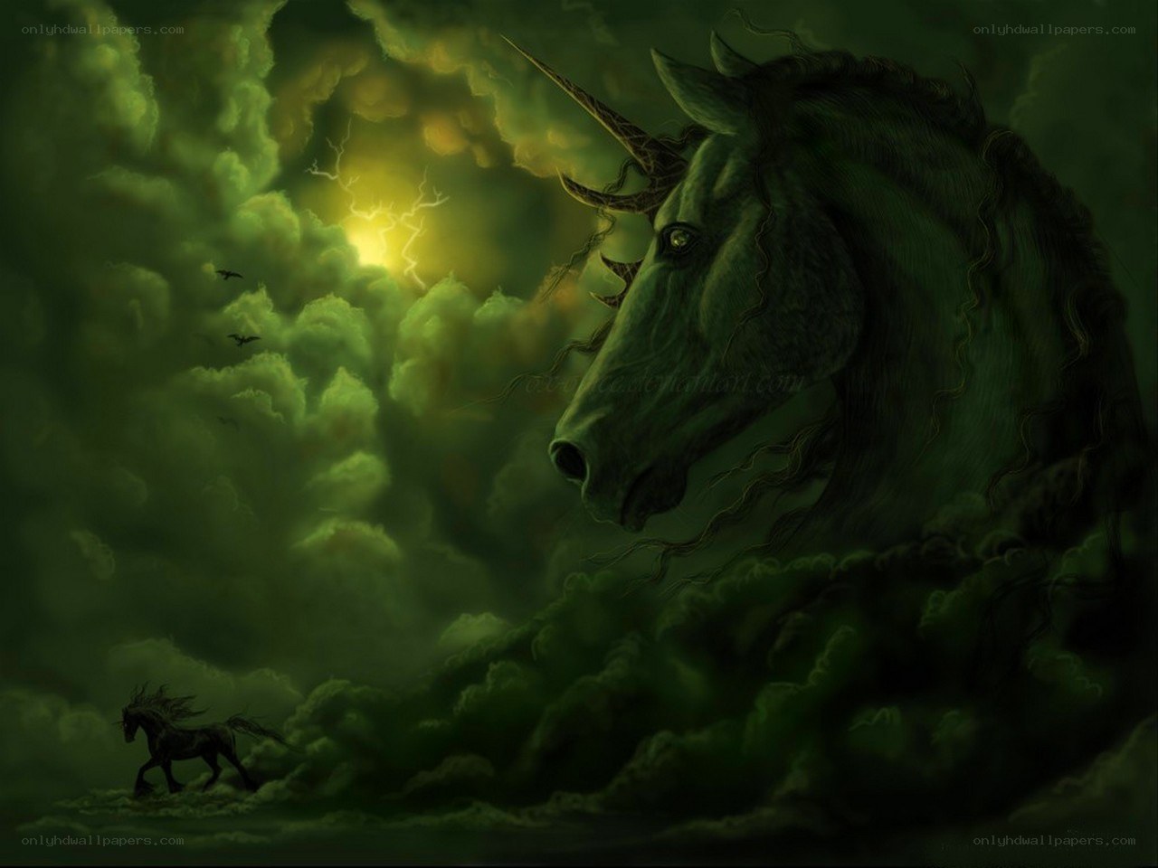 Unicorn in stormy sky