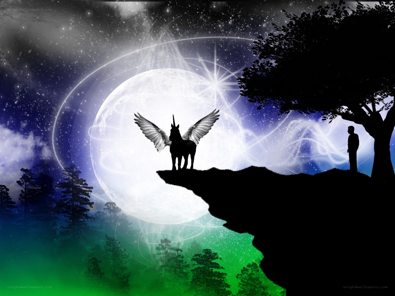Unicorn on a cliff at night
