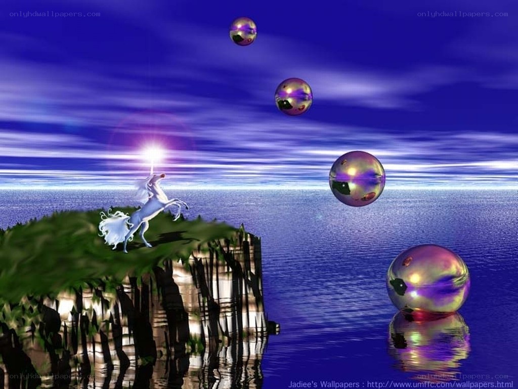 Unicorn on a cliff with floating orbs