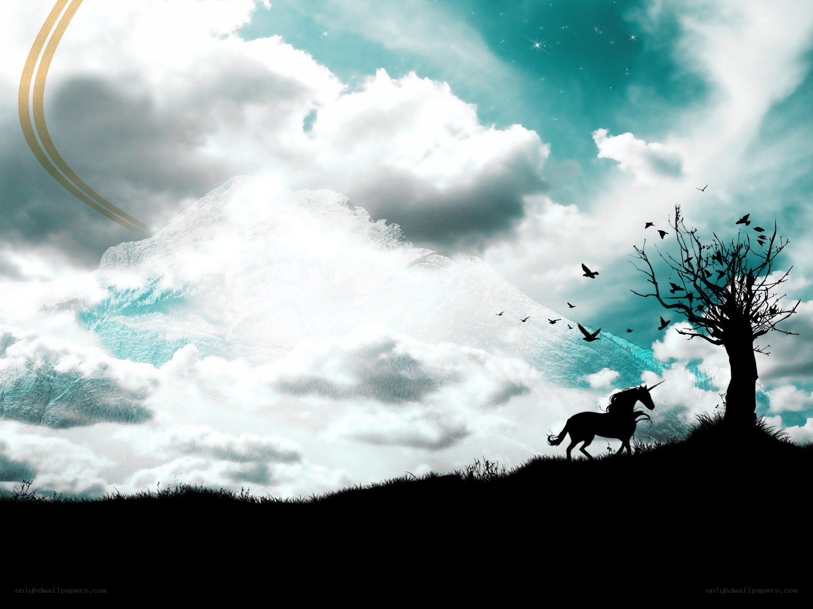 Unicorn on a hill at night