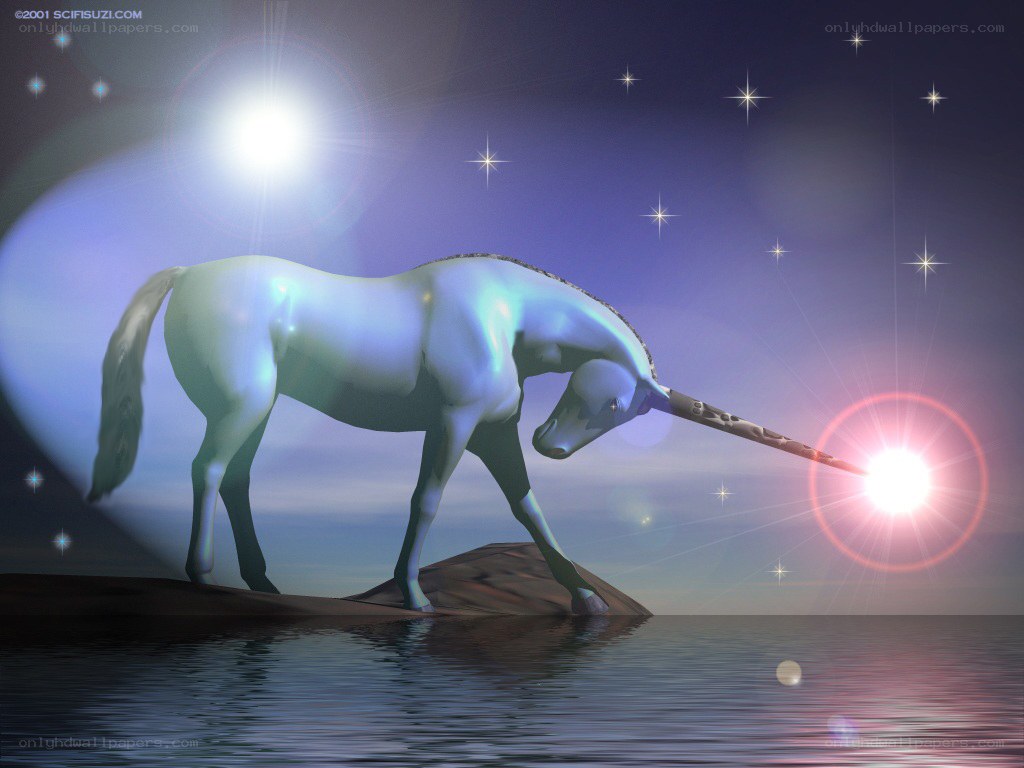 Unicorn on a rock at night