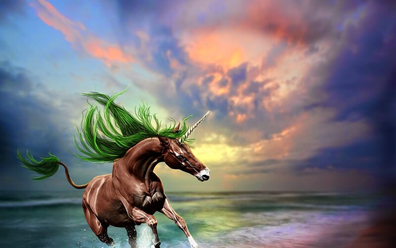Unicorn Running on Beach — Brown, Dramatic, Sunset, Digital Art