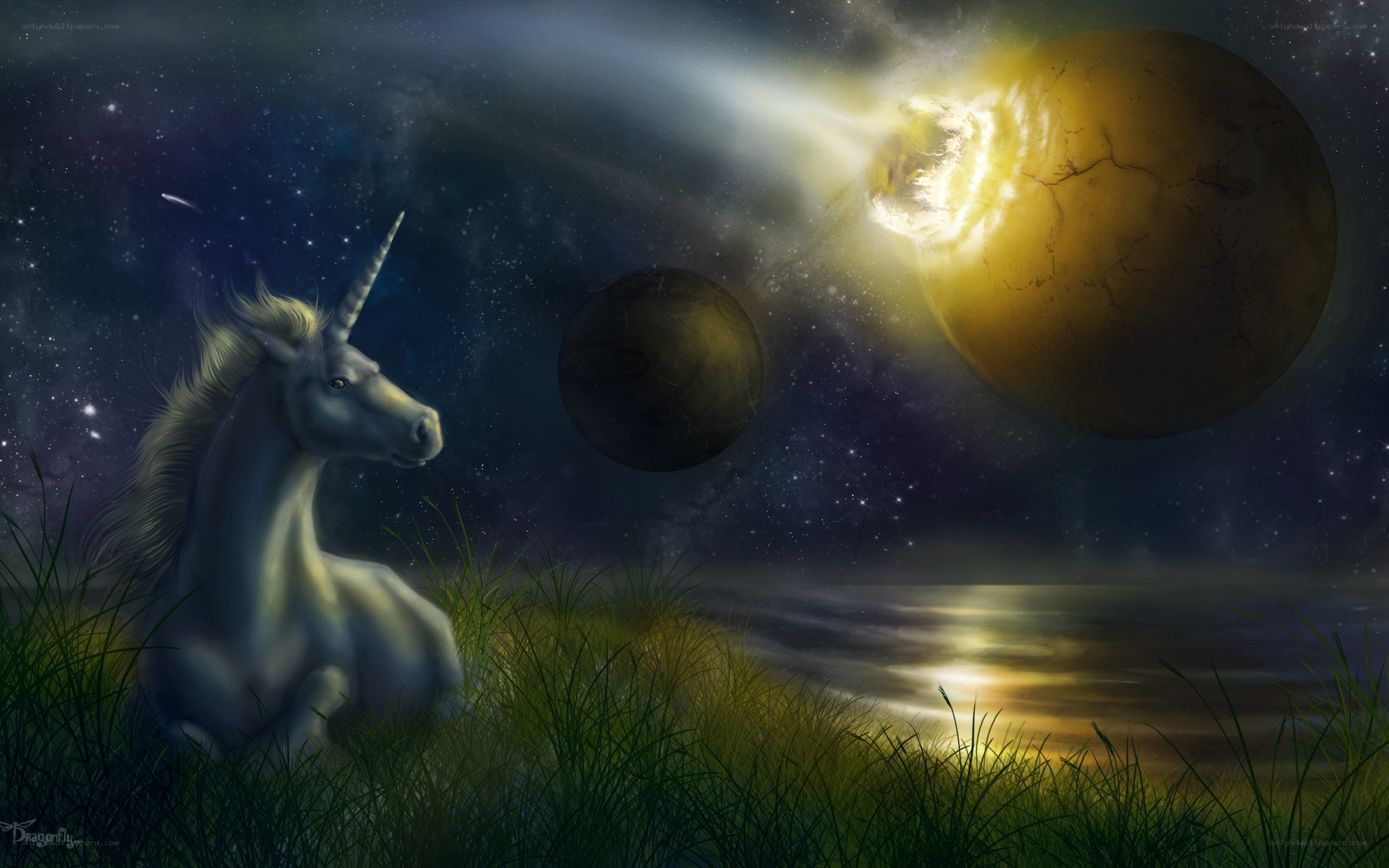 Unicorn under a cosmic sky