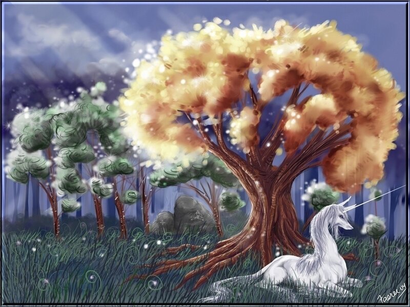 Unicorn under a glowing tree