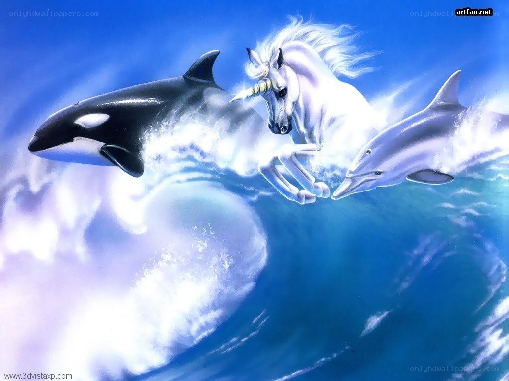 Unicorn with dolphins and orca