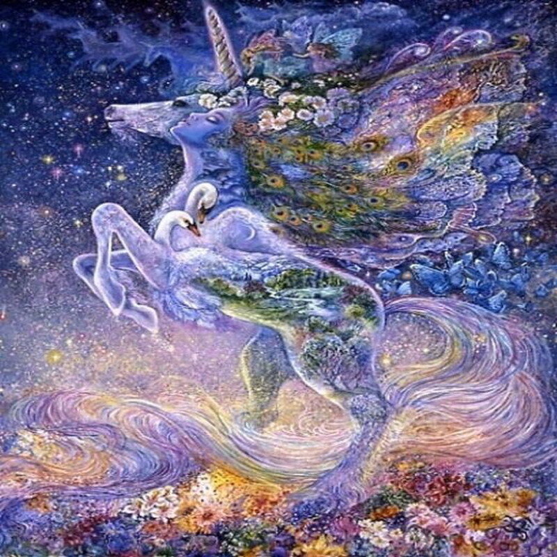 Unicorn with swans in starry sky