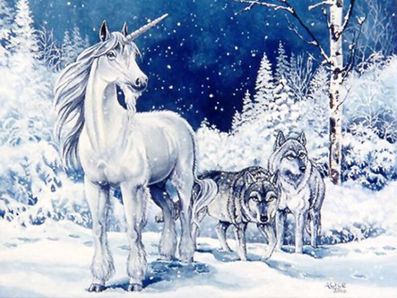 Unicorn with Wolves — White