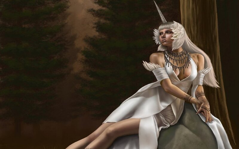 Unicorn Woman in Forest — White