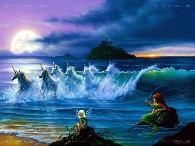 Unicorns and mermaids at moonlight