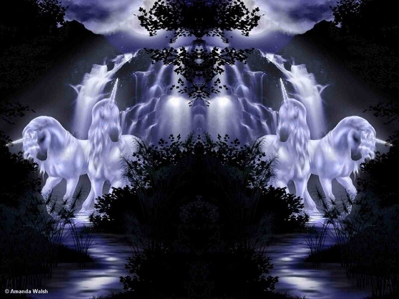 Unicorns at a moonlit waterfall