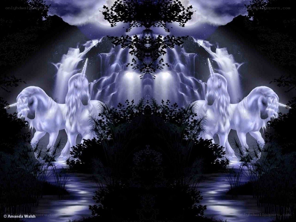 Unicorns at a moonlit waterfall