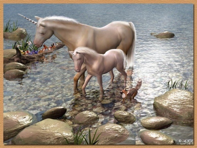 Unicorns at a riverbank
