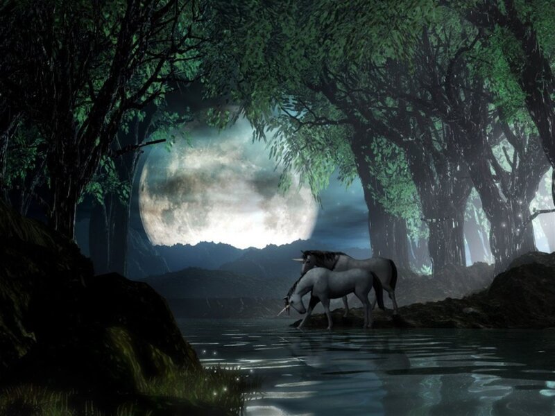 Unicorns at moonlit forest pond